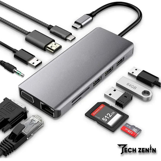 11-in-1 Type-C Hub | Multiport USB-C Adapter with HDMI, VGA, LAN, SD/TF, AUX & USB