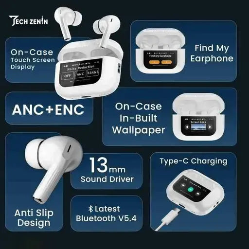 A9 Pro Apple AirPods | ANC/ENC Noise Cancelling Wireless Bluetooth 5.4 Earbuds with Smart Touch Screen