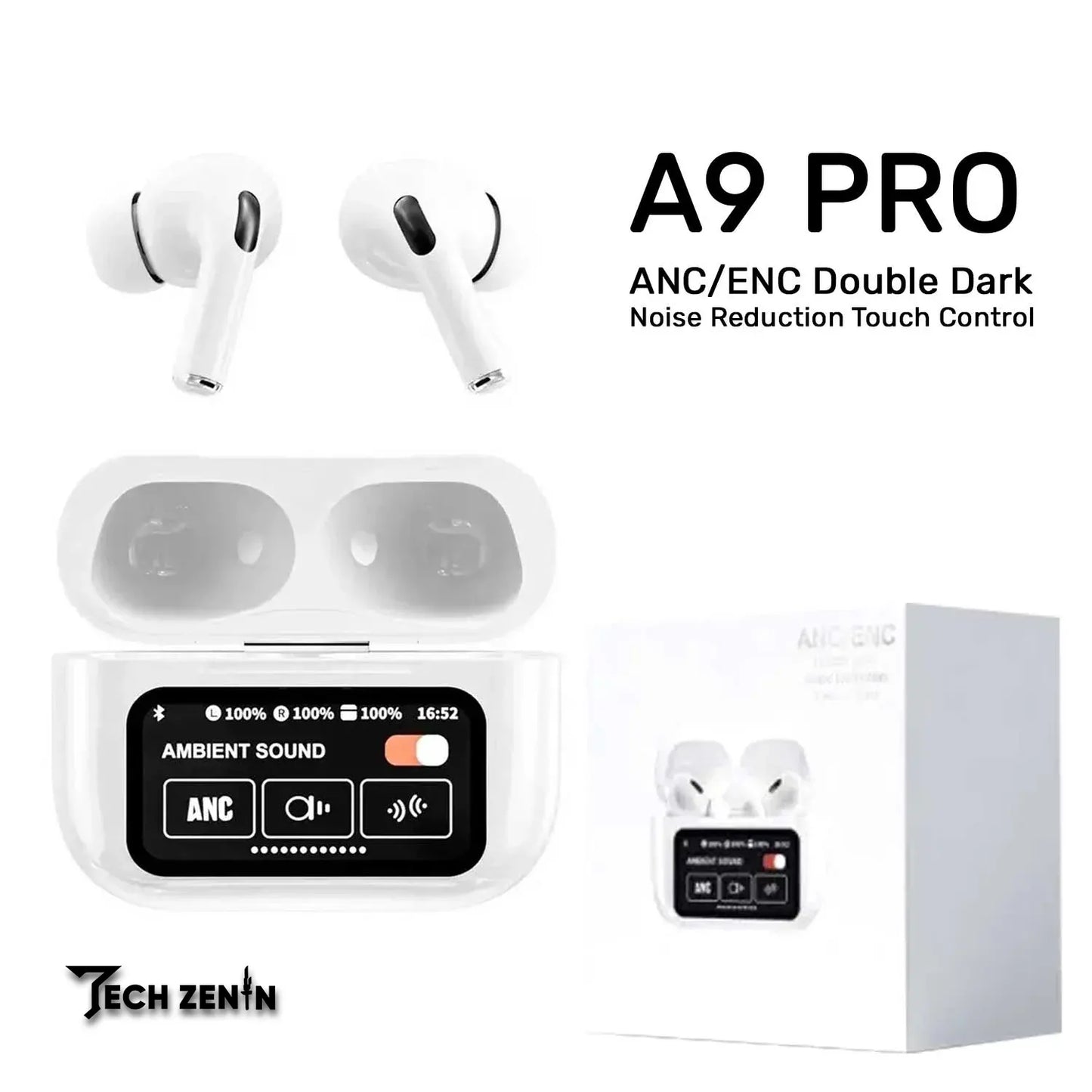 A9 Pro Apple AirPods | ANC/ENC Noise Cancelling Wireless Bluetooth 5.4 Earbuds with Smart Touch Screen
