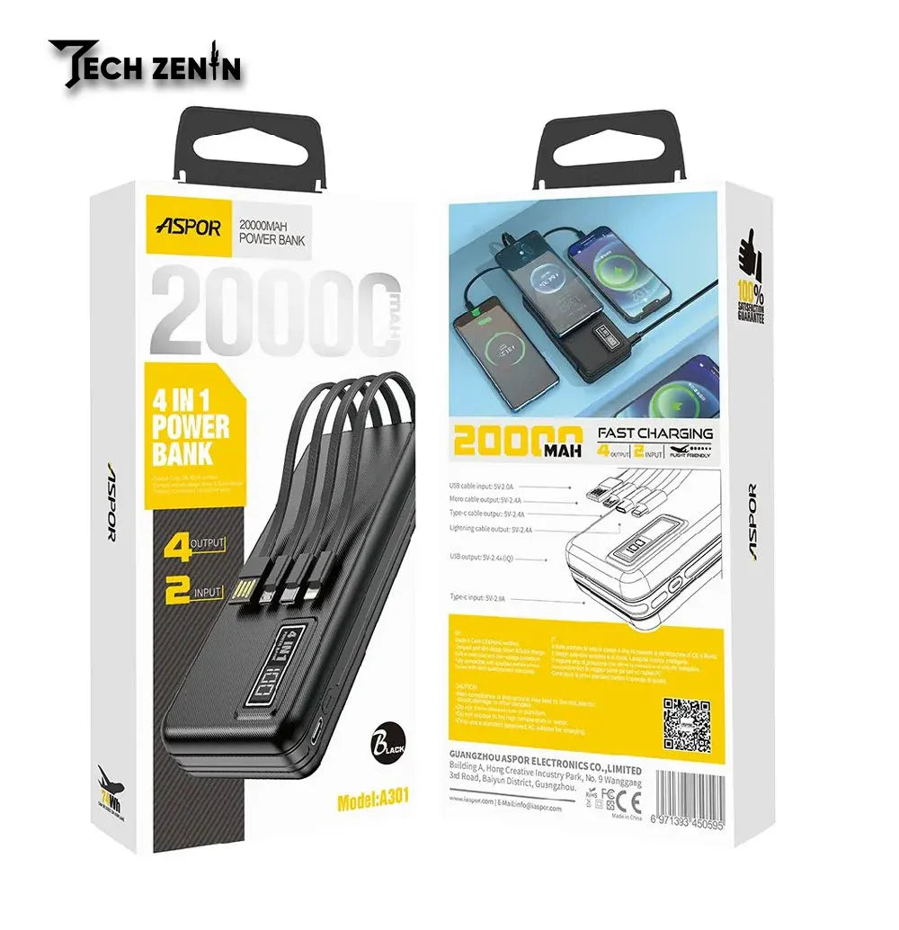 Aspor A301 Power Bank | 20W Fast Charging, Built-in 4 Cables, High Capacity Portable Charger