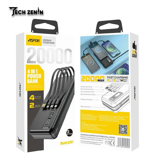 Aspor A301 Power Bank | 20W Fast Charging, Built-in 4 Cables, High Capacity Portable Charger