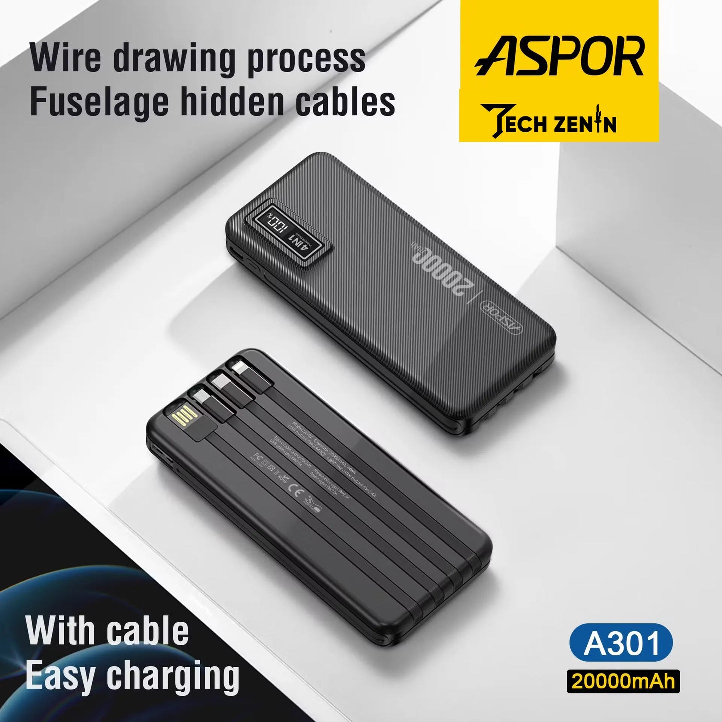 Aspor A301 Power Bank | 20W Fast Charging, Built-in 4 Cables, High Capacity Portable Charger
