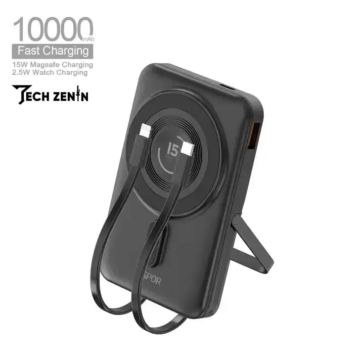 Aspor A327 10,000mAh Power Bank | 22.5W Fast Charging, MagSafe Wireless, Built-in Cables & Kickstand