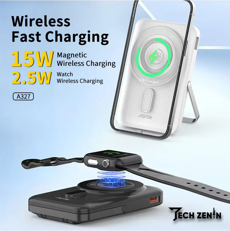 Aspor A327 10,000mAh Power Bank | 22.5W Fast Charging, MagSafe Wireless, Built-in Cables & Kickstand
