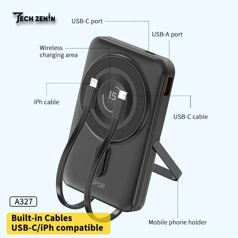 Aspor A327 10,000mAh Power Bank | 22.5W Fast Charging, MagSafe Wireless, Built-in Cables & Kickstand