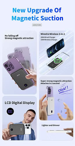 Aspor A385 Power Bank | 10,000mAh Magnetic Portable Charger with 20W Fast Charging & 15W Wireless