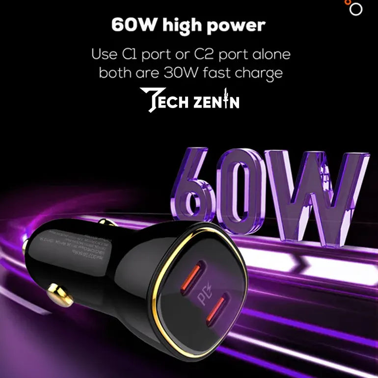 Ldnio C104 60W Dual Type-C Super Fast Car Charger | Dual PD Ports