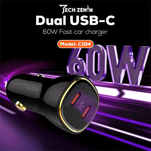Ldnio C104 60W Dual Type-C Super Fast Car Charger | Dual PD Ports