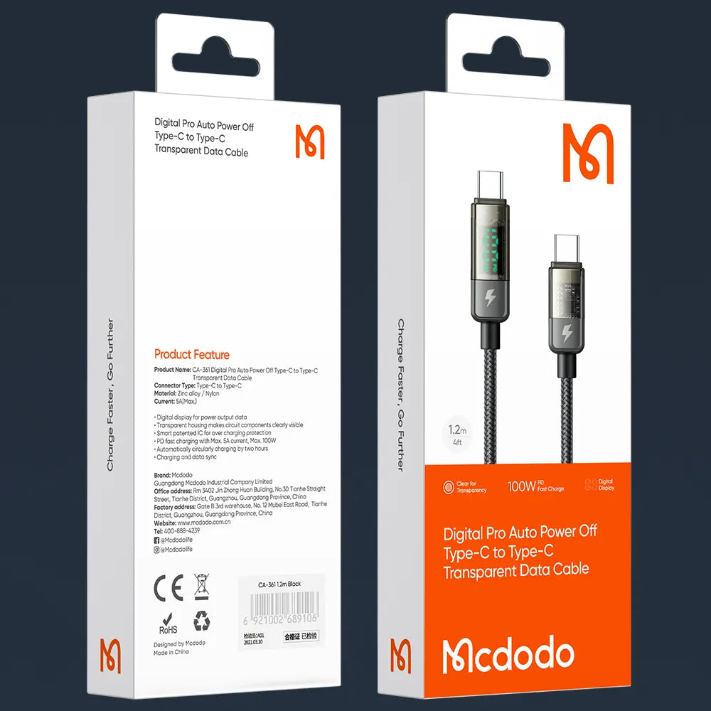 McDodo CA-3610 5A 100W Type-C to Type-C Charging Cable | Transparent Auto Power-Off with Digital Display (1.2m)