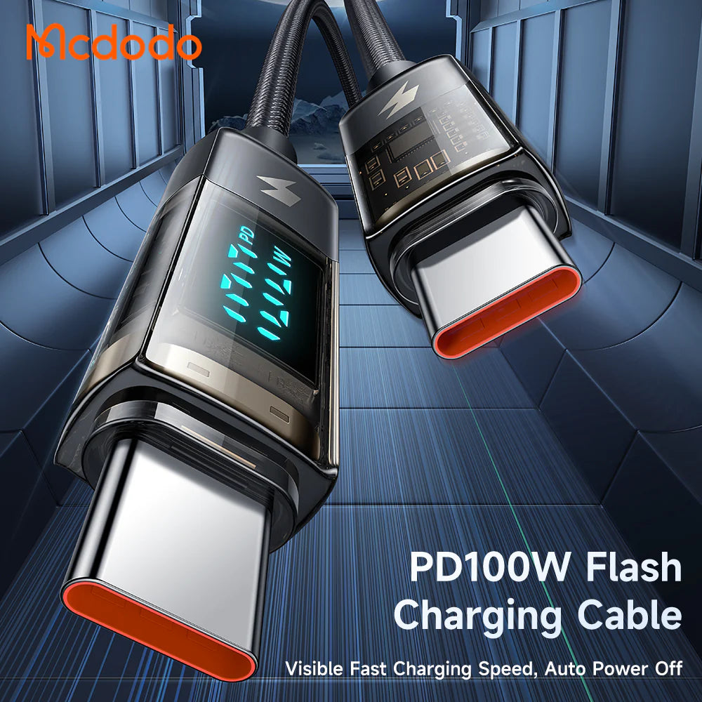 McDodo CA-3610 5A 100W Type-C to Type-C Charging Cable | Transparent Auto Power-Off with Digital Display (1.2m)
