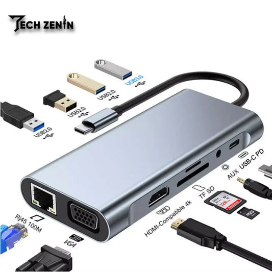 11-in-1 Type-C Hub | Multiport USB-C Adapter with HDMI, VGA, LAN, SD/TF, AUX & USB
