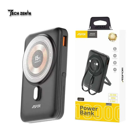 Aspor A327 10,000mAh Power Bank | 22.5W Fast Charging, MagSafe Wireless, Built-in Cables & Kickstand