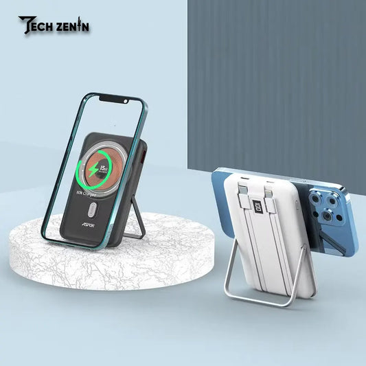 Aspor A327 10,000mAh Power Bank | 22.5W Fast Charging, MagSafe Wireless, Built-in Cables & Kickstand