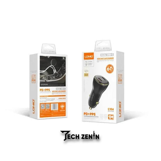 Ldnio C104 60W Dual Type-C Super Fast Car Charger | Dual PD Ports